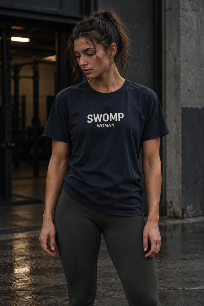 Navy SWOMP WOMAN message tee with forest green leggings.